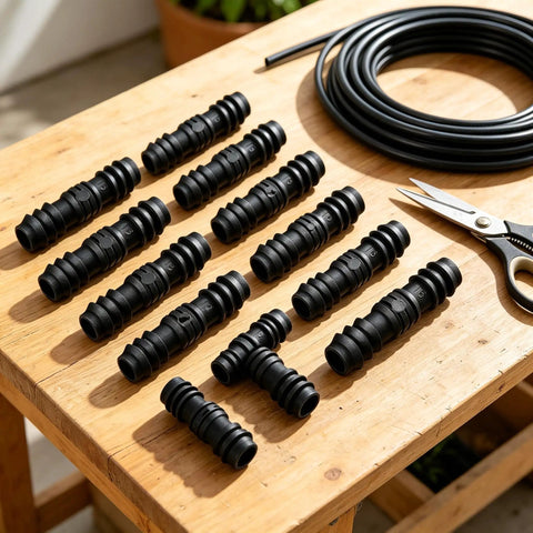 Get This Awesome 8 Pack Of 1/2 Inch Hose Connectors For Your Garden, Soaker Hoses, And Washing Machine! These Tough Molded Plastic Fittings Are Perfect For Quick Repairs, Fixing Leaks, And Extending Water Lines Anywhere Around Your Yard Or Home System. 8 black 1/2-inch plastic hose connectors on a table