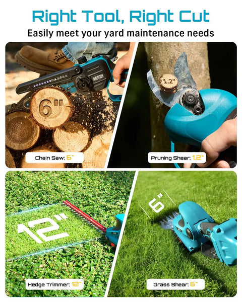 Cordless 8 In 1 Garden Tool Kit With Long Reach Pole Saw Hedge Trimmer Pruner And Grass Shears 4000mAh Battery shown in use
