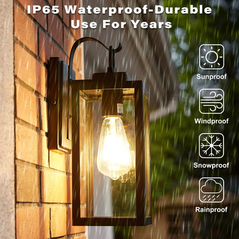 Dope Matte Black Outdoor Wall Light With Clear Glass Shade Weatherproof Front Porch Sconce in rain, mounted on brick wall