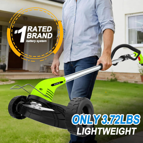 Person using Cordless Weed Wacker 12V Battery Powered With 65 Inch Adjustable Pole Lightweight 3.72 Lb Grass Trimmer