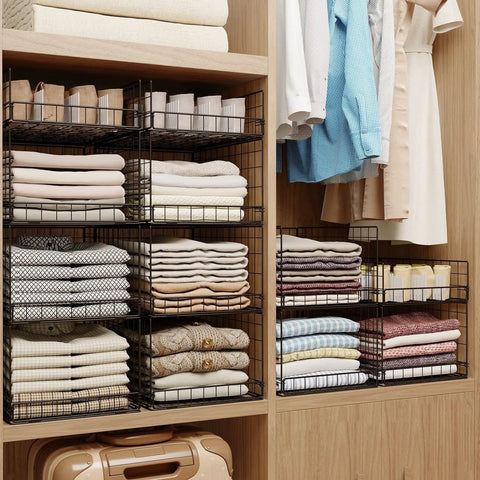 4 Tier Closet Organizers And Storage Shelves For Clothes in a wooden wardrobe, metal wire bins with stacked clothes and dividers