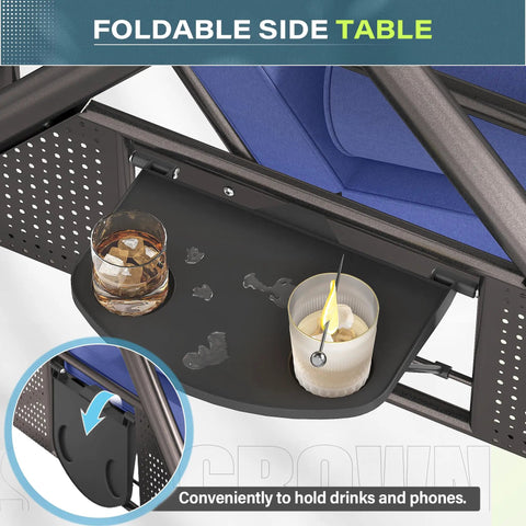 Foldable side table with cup holders on Three In One Outdoor Porch Swing Bed With Canopy Three Seat Patio Glider Cushioned Swing In Dark Blue