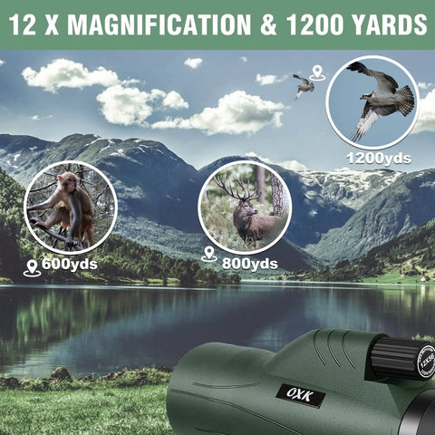 12x56 High Power Monocular Telescope For Adults With Smartphone Adapter Tripod Travel Bag Great For Bird Watching Hunting Hiking Camping Gift Green With Crystal Clear View No Fuss Setup Wide Field Six Point Five Degree Rugged Build For Adventure over mountain lake landscape