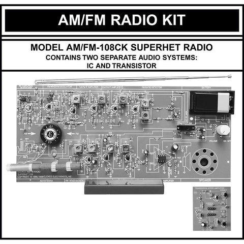 AM FM Radio Kit For Soldering Enthusiasts Switch Between ICs And Transistors Superheterodyne Design For AM And FM Broadcasts Dope STEM Project With 56 Page Training Course Covering Audio Amp AM Detector AM IF FM Detector FM IF FM RF Stages, circuit board on stand