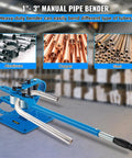 Manual Pipe Bending Machine For 1 To 3 Inch Tubes shown bending a tube with images of aluminum, copper, and steel pipes above