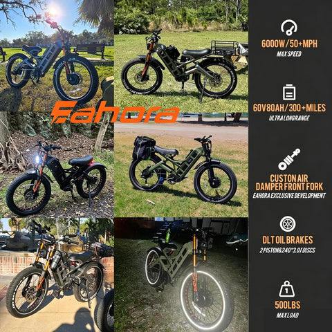 Heavy Duty Fat Tire Electric Bike For Adults Packing 6000W Dual Motors Kicking Up Dust At 52 Mph Racking 300 Miles Per Charge With Smooth Full Suspension Built Different To Eat Asphalt All Day Long Without Breaking A Sweat in various outdoor settings.