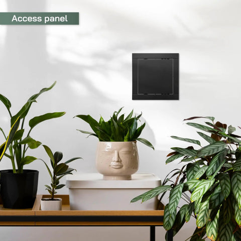 Solid Heavy Duty 6X6 Inch Anthracite Abs Plastic Drywall Access Panel that handles ceiling or wall electrical plumbing and hvac jobs with zero hassle and a sweet snap fit install, mounted on wall near plants.