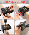 Usage method showing 3 In 1 Dowel Jig Kit Self Centering Doweling Jig for straight dowel holes, wood panels, drill in use