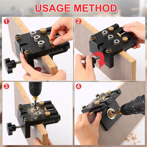 Usage method showing 3 In 1 Dowel Jig Kit Self Centering Doweling Jig for straight dowel holes, wood panels, drill in use