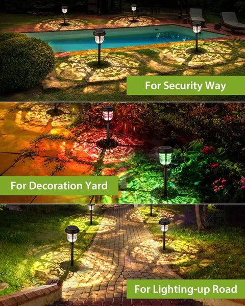 Six Pack RGBW Solar Pathway Lights Outdoor With Auto On Off IP65 Waterproof LED Garden Path Lights illuminating a poolside, garden, and walkway in multicolor and warm white.