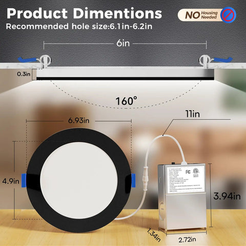 CHARKEE 12 Pack 6 Inch 5CCT LED Recessed Ceiling Lighting with Night Light dimensions illustration with size details labeled.