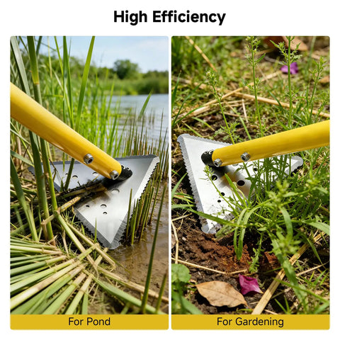 Extendable Pond Weed Cutter Kit With A Three-Sided Blade And Aluminum Poles For Cattails And Garden Weeds Angled Cutting Without Repositioning Durable Yellow Tool For Quick Yard Cleanup And Lawn Pond Maintenance, pond and garden use