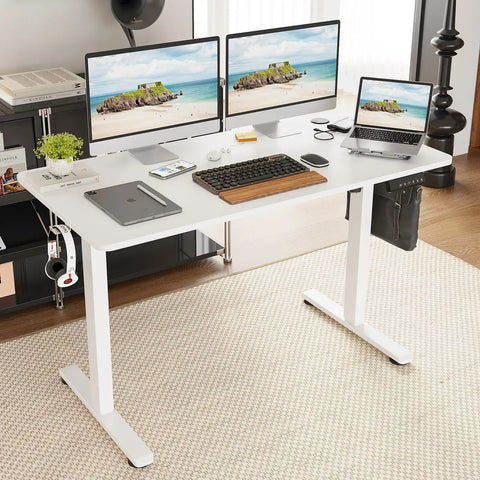 Electric Standing Desk With Four Memory Presets And No Sweat Height Adjustment In White, ergonomic workspace with dual monitors.