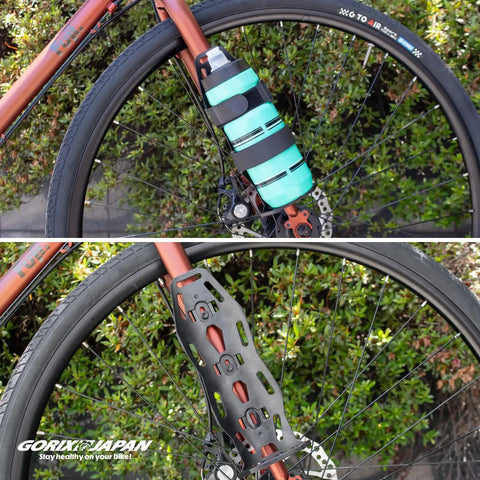 Front Fork Cargo Cage Mount Bottle Holder For Bikes With Large Bikepacking Bag attached to front fork with secure strap buckle