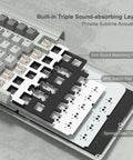 Inside view of 75 Percent Mechanical Keyboard With Tri Mode Wireless Connection showing sound-absorbing layers and key switches.