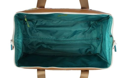 Open view of Patterned 22 Inch Duffel Bag With 2 Rolling Wheels For Women, Lightweight Weekender Carry On Suitcase, fully lined interior