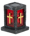 Textured gray memorial lamp with red panels and cross design
