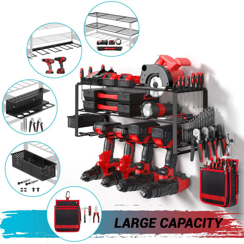 Power Tool Organizer Wall Mount Kit For Garage And Workshop No Clutter Keeps Tools In Reach with shelves and drill holders