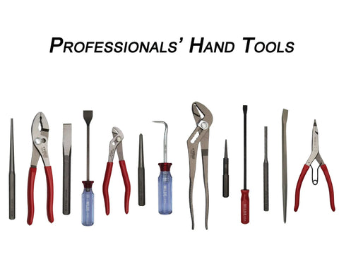 Various professional hand tools displayed, including pliers, screwdrivers, and chisels, with the text 'Professionals' Hand Tools' above.