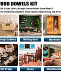 Fluted Wood Dowel Pins Set 250 Pcs In Five Sizes used in furniture making, cabinets, crafts, showing dowel application examples