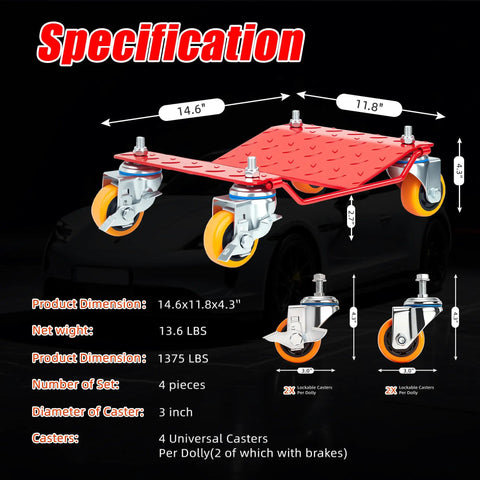 Heavy Duty 5500 Lbs Car Wheel Dolly Set With Anti Skid Plates And 360 Swivel Wheels, red steel dolly with 4 casters, measuring 14.6x11.8x4.3 inches.