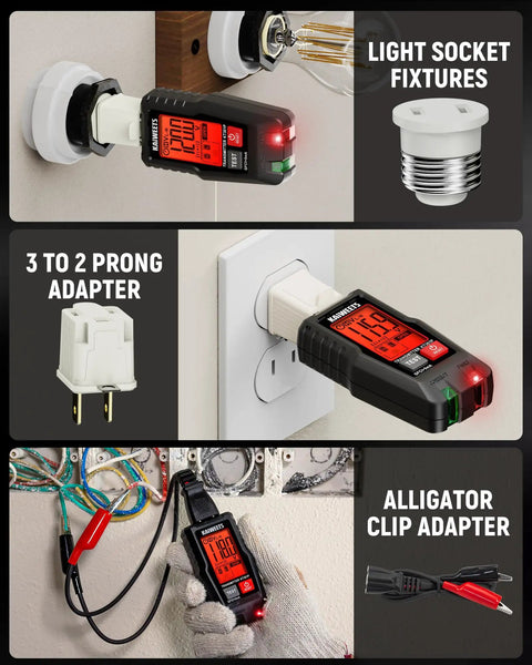 All In One Circuit Breaker Finder With LCD Display, GFCI Outlet Tester And Electrical Tracer Tool With NCV Test shown with adapters
