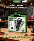 15-Piece Metric Combination Wrench Set With 12-Point Max Torque Open End CR-V Steel 8 To 22Mm Includes Storage Rack Built Tough For Auto Bike And Industrial Use. Boxed 15-piece metric wrench set on workbench