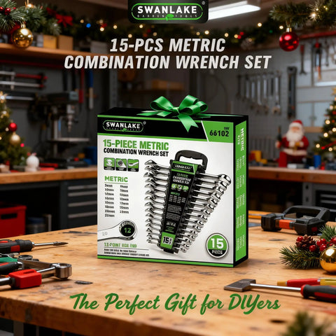 15-Piece Metric Combination Wrench Set With 12-Point Max Torque Open End CR-V Steel 8 To 22Mm Includes Storage Rack Built Tough For Auto Bike And Industrial Use. Boxed 15-piece metric wrench set on workbench