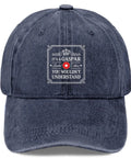 Navy Blue Womens Adjustable Baseball Cap With Washed Distressed Low Profile Look, "It's a Gaspar" text design, front view.
