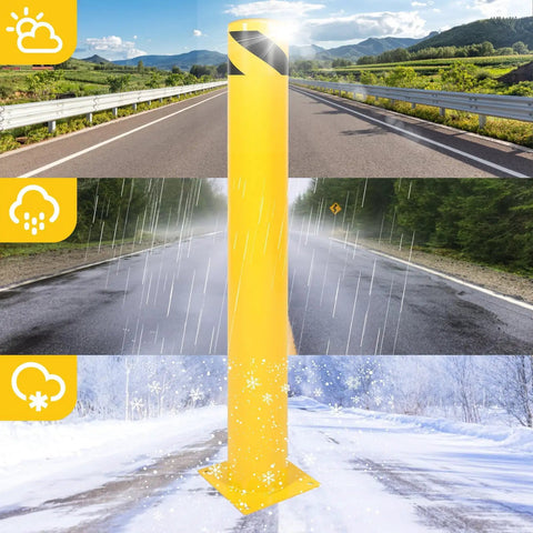 Two Beefy 42 Inch Steel Safety Bollards Rock Solid Parking Barrier Posts Powder Coated Finish in a rainy and snowy setting.