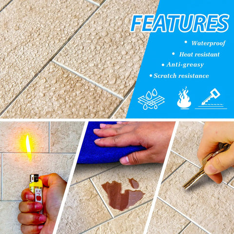 Peel And Stick Stone Tile Backsplash Kit, 10 sheets, showing waterproof, heat resistant, scratch-resistant features.