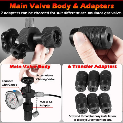 Pro Grade Nitrogen Charging Kit for Hydraulic Accumulators With 7 Couplings, 3 Analog Gauges 1500 3600 6000 PSI, 1 Gas Hose, 1 Main Valve Body, Nitrogen Pressure Test Kit and Gas Charging Tools