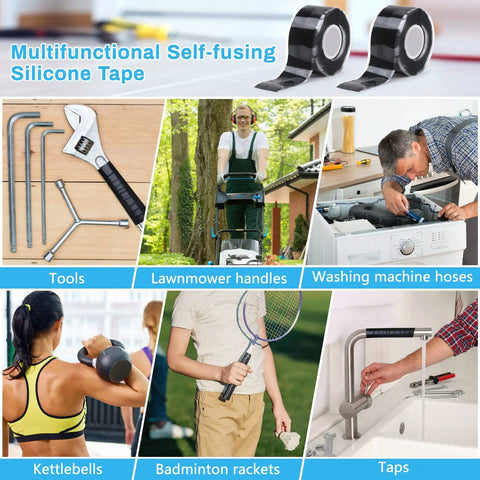 Image showing Black Self Fusing Silicone Tape 2 Pack 1 Inch by 11.8 Feet for various household and repair applications.