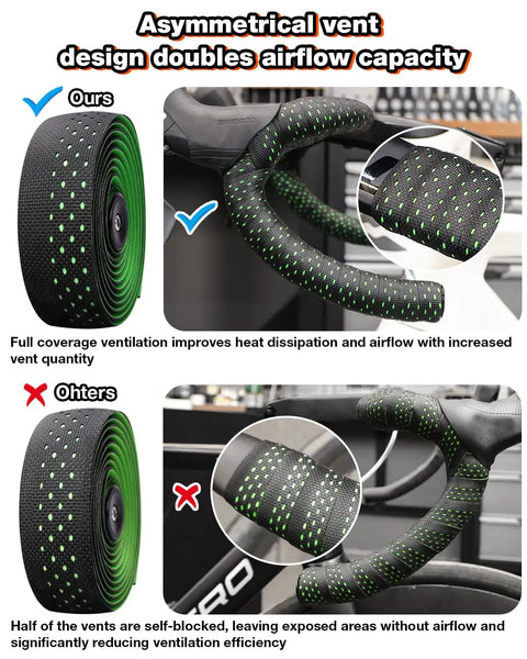 Road Bike Handlebar Tape With Silicone Surface For A Sticky Sweatproof Grippy Feel EVA Comfort Shock Absorbing Non Slip Tape Stain Resistant Finish Includes Aluminum Bar Plugs Set Of 2 In Black showing asymmetrical vent design for improved airflow.