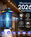 Cordless Outdoor Bug Zapper 2026 Upgraded Elite 4200V Electric Mosquito Zapper 5 In 1 hanging on patio at night.