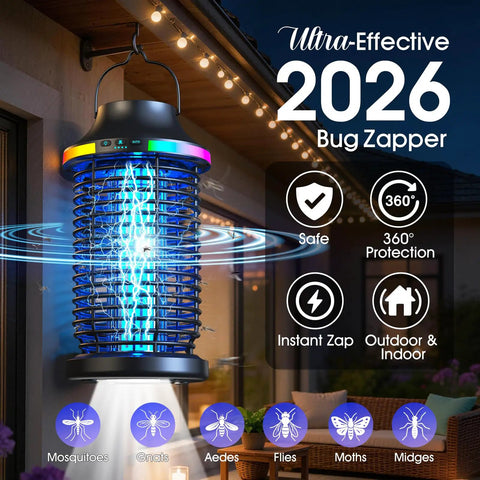 Cordless Outdoor Bug Zapper 2026 Upgraded Elite 4200V Electric Mosquito Zapper 5 In 1 hanging on patio at night.