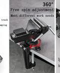 Versatile Clamp On Bench And Table Vise With 360 Degree Rotation Quick Adjustment Dual Purpose Jaw Heavy Duty Clamp For 4 Inch Base Clamping Range Home Shop And Workbench 3.3 Inch Jaw Size Black showing details and extension base