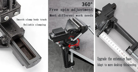 Versatile Clamp On Bench And Table Vise With 360 Degree Rotation Quick Adjustment Dual Purpose Jaw Heavy Duty Clamp For 4 Inch Base Clamping Range Home Shop And Workbench 3.3 Inch Jaw Size Black showing details and extension base