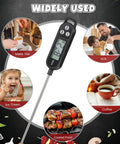 Six Pack Instant Read Meat Thermometers With Probes For BBQ And Cooking Digital Kitchen Thermometers Waterproof Liquid Temperature Includes Protective Sleeves Great For Milk And Yogurt Colorful Set Black shown with images of tea, milk, ice cream, coffee, and cooked food uses.