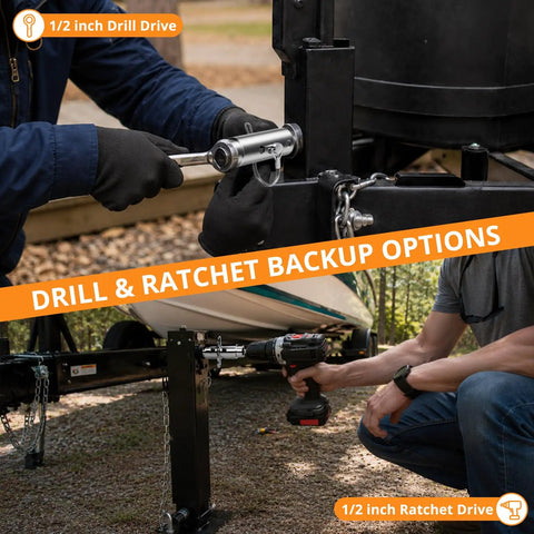 User installing Heavy Duty Trailer Jack Drill Adapter For 1 Inch Drive Shafts With One Half Inch Socket on a trailer.