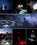 Collage of Ultra Bright LED Headlamp in use for camping, reading, and night hiking showcasing its six modes and waterproof design.