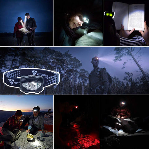 Collage of Ultra Bright LED Headlamp in use for camping, reading, and night hiking showcasing its six modes and waterproof design.