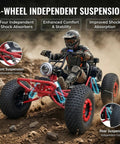 Man driving red 212cc Gas Powered Off Road Go Kart with CVT Drive and 420 Chain, 4-wheel suspension on rocky terrain