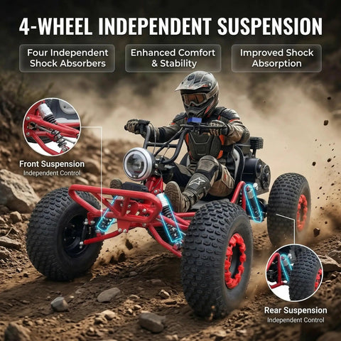 Man driving red 212cc Gas Powered Off Road Go Kart with CVT Drive and 420 Chain, 4-wheel suspension on rocky terrain