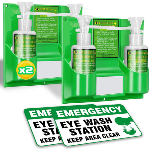 Portable Eye Wash Station With 17 Oz Empty Bottles BPA Free OSHA Approved Wall Mounted First Aid Kit With Mirror Emergency Eyewash System Mess Free Design No Eye Wash Solution Included, two-pack, green, front view