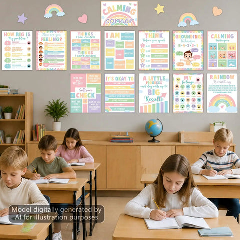 Calm Down Corner Posters for Classrooms Set, 19 Piece Pastel Emotions Poster Pack displayed in classroom above students