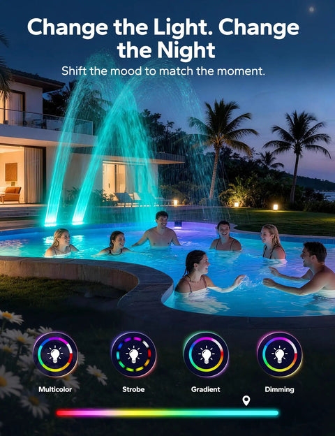 Solar Pool Fountain With 10 Color LED Lights, Auto Dusk Sensor And Timer creating vibrant glow in backyard pool