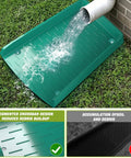 4 Pack No Sweat Rain Gutter Downspout Extensions Featuring Extra Wide One Piece Splash Block Design For Rock Solid Water Drainage And Foundation Protection Drop Dead Easy Setup Green showing water flow onto green splash block on grass.