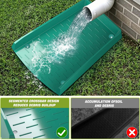 4 Pack No Sweat Rain Gutter Downspout Extensions Featuring Extra Wide One Piece Splash Block Design For Rock Solid Water Drainage And Foundation Protection Drop Dead Easy Setup Green showing water flow onto green splash block on grass.