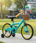 Colorful children's bicycle with training wheels, featuring a Kid Friendly Bike Seat Replacement With Post For Boys And Girls Cushioned Comfort Saddle For Childrens Bicycles Easy No Fuss Install Universal MTB Road Bike Fit 1.13 Inch Diameter Post Extends Seat Height To 12 Inches, in a park setting.